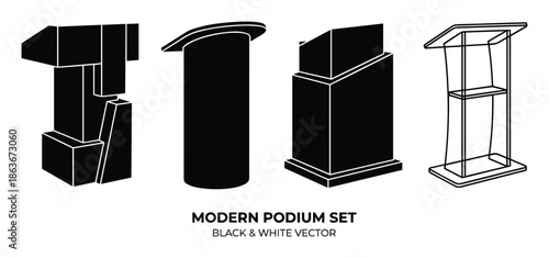Vector set of modern podiums. Black and white illustrations for speeches, lectures, and presentations.