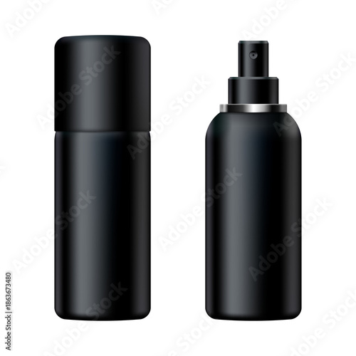 Black matte spray bottle mockup set standing with open and closed lid for branding elegant and modern isolated vector illustration