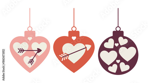 Valentine's Ornament: A trio of heart-shaped ornaments, expressing sentiments of love, are each suspended delicately and exude a sense of festive charm.