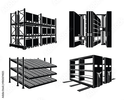 Warehouse shelves types in black and white vector illustration. Different styles of shelving and racking for storage.