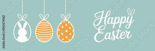 A cheerful light blue green banner displays three hanging orange and white Easter eggs and Happy Easter text