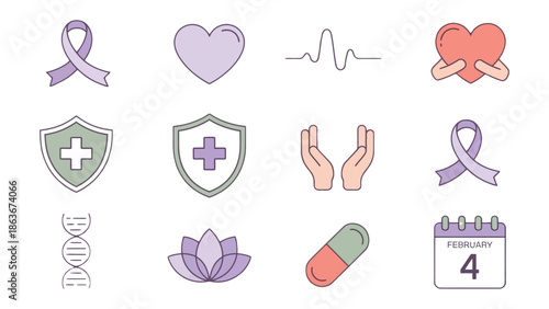 Healthcare Symbols: A collection of health and wellness icons, including symbols of medical care, and well-being. Representing health, love, support and wellness