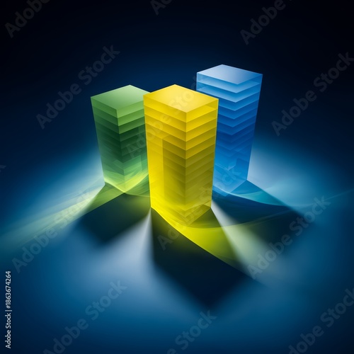 Three cubes of different colors are arranged on a blue background. The cubes are made of plastic