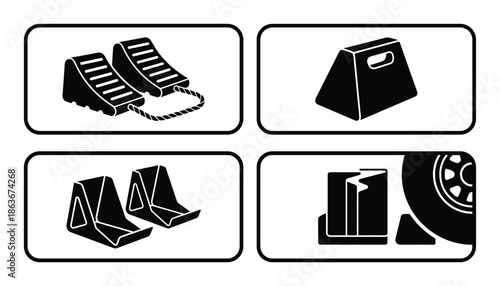 Wheel chock icons set. Car safety equipment for parking. Solid black graphic on white background