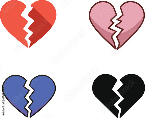 Broken Heart Icon Set in Flat Style with Multiple Colors Isolated on Transparent Background