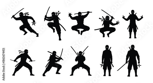 Silhouette collection of ninja warriors in dynamic action poses and stances