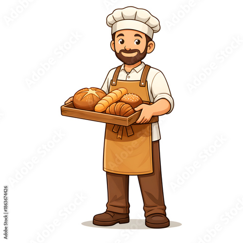 Friendly Baker Wearing Apron Holding Bread - AI Generated