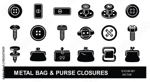 12 metal bag and purse closures icon set vector illustration for sewing, fashion, and bag design projects.