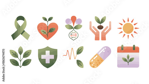 Holistic Wellness Icons: A set of ten thoughtfully designed icons, each representing aspects of health, wellness, and environmental consciousness, promoting a balanced and harmonious approach to life.