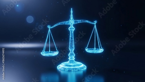 Futuristic glowing digital scale of justice symbolizing law fairness balance and legal principles in a high-tech environment for legal or technology themed projects