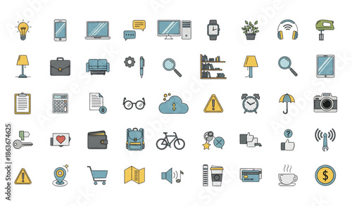 Minimal everyday life vector icons set with modern objects and concepts isolated on white background