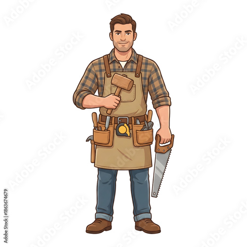 Professional Woodworker Holding Saw and Tools - AI Generated