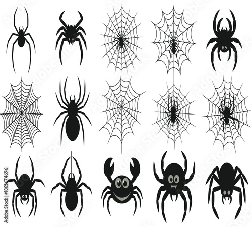 A collection of black spiders and intricately designed spiderwebs a spooky and creepy halloween theme