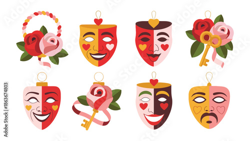 Theatrical Romance: A vibrant array of theatrical masks, each adorned with a unique emotive design, intertwined with roses and symbolic elements, evoke themes of love, joy.