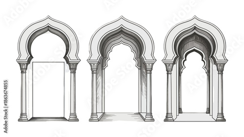 Architectural Gateway: A series of elegantly designed arched doorways stand in a row, embodying the essence of architectural grace and design.