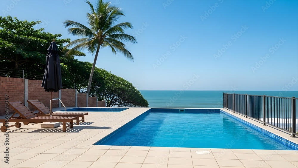 Fototapeta premium Serene tropical poolside oasis with ocean view