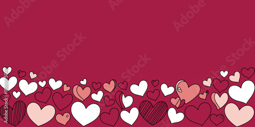 A delightful border of simple hand drawn hearts in soft pinks and white against a rich red backdrop