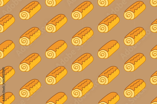 Swiss roll cake colorful doodle seamless pattern on tan background set for culinary. Cream roll cake cartoon pattern background for bakery. Sponge roll isolated illustration motif for pastries