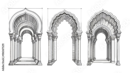 Architectural Arches: Intricate black and white illustrations showcase the timeless elegance of arched architectural designs. The artwork highlights the beauty of symmetry, form.