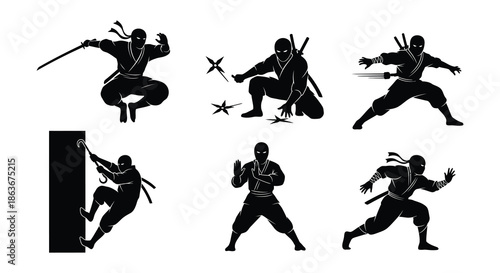 Silhouette collection of ninja warriors in dynamic action poses and stances