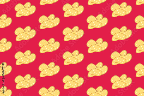 Potato chips colorful doodle seamless pattern on red background set for snack. Crips salted chips cartoon pattern background for cafes. Fries potato slices isolated illustration motif for culinary