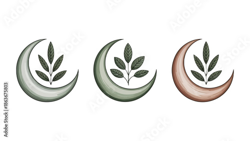 Crescent Moon and Plants: A series of illustrations showcasing crescent moons paired with delicate plant life. Each illustration a harmonious fusion of natural elements and celestial symbolism.