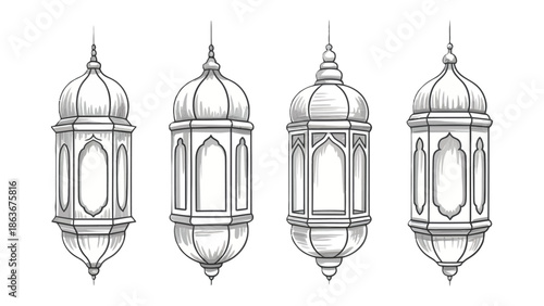 Vintage Lanterns Illustration: A collection of meticulously detailed vintage lanterns, each showcasing unique architectural designs, evoking a sense of timeless elegance and cultural heritage. 