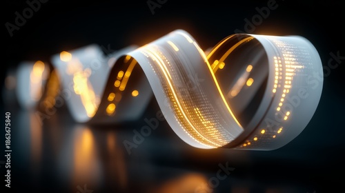 Long, curvy strip of paper with a yellow glow. The strip is lit up and he is a piece of music or a waveform