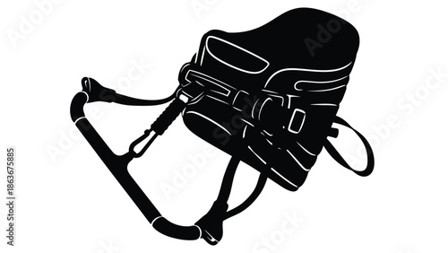 A detailed black and white illustration showcases a ski boot emphasizing its design and structural components