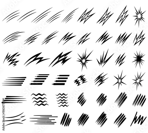 A collection of diverse black brush stroke designs speed lines and radiating starburst effects on a white background