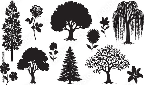Collection of various tree and plant silhouettes