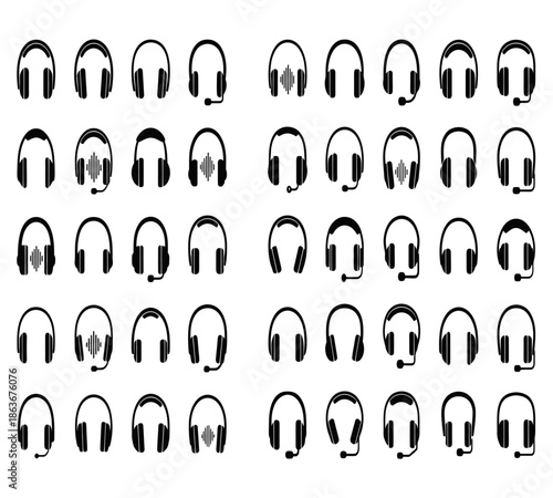 A collection of various black headphone designs arranged in a grid pattern showcasing different styles and features