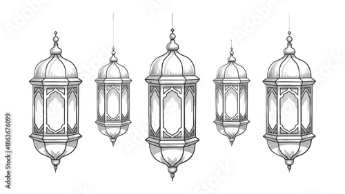 Ornamental Lanterns: Five ornate lanterns gracefully suspended in the air. Each lamp casts a gentle, ethereal glow, evoking feelings of serenity and enchantment.