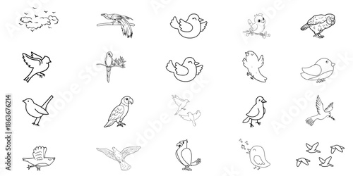 Set of 20 Cute Cartoon Bird Line Icons for Children's Illustration and School