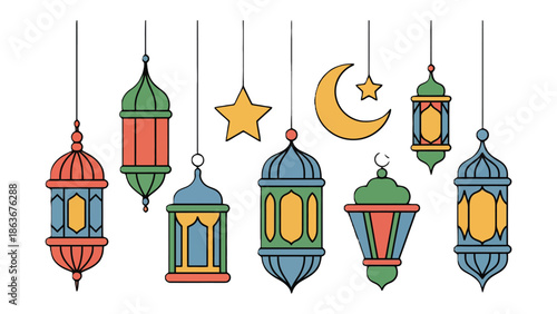 Lanterns in Ramadan: An array of colorful Ramadan lanterns hanging, each one a unique design, accompanied by the crescent moon and star, embodying the spirit of celebration and heritage.