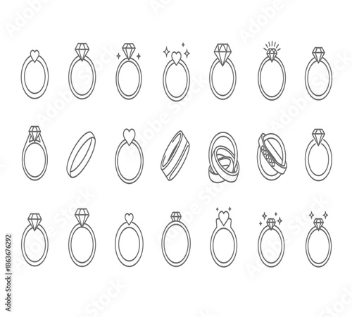 A collection of various outlined ring designs including engagement wedding and simple band styles displayed neatly