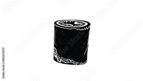 A detailed black and white illustration of a cylindrical object resembling a vintage can or container