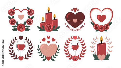 Valentine's Day Emblems: A charming collection of Valentine's Day emblems, featuring hearts, candles, roses and wine glasses, perfect for conveying love and affection.