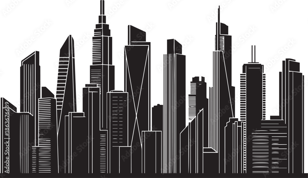 Fototapeta premium A black and white cityscape with sleek skyscrapers and modern architecture