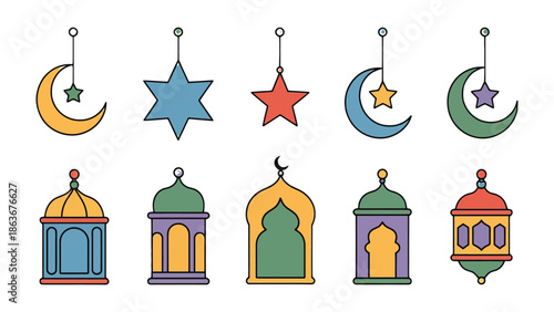 Ramadan Ornaments: A vibrant display of Ramadan decorations, showcasing a variety of traditional lanterns and celestial symbols, celebrating the spirit of the holy month.