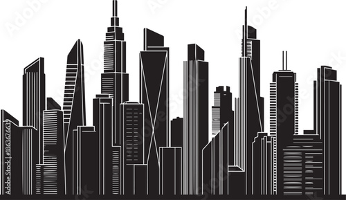 A black and white cityscape with sleek skyscrapers and modern architecture