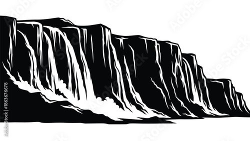 A striking black and white illustration depicts a tall rocky cliff face with a powerful waterfall cascading down its side