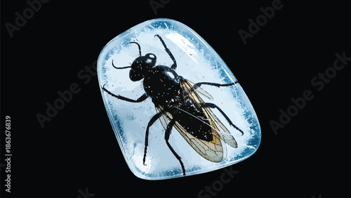 a preserved black insect encased within a clear translucent resin or amber like substance isolated on black