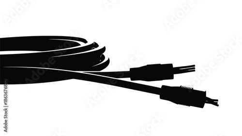 a sleek black cable with connectors is depicted in a simple high contrast silhouette style