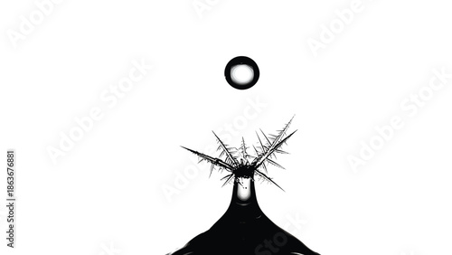 A striking black and white abstract image featuring a pointed shape with a circular element above it