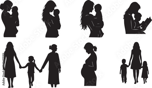 Silhouette of mother and child in various poses and activities