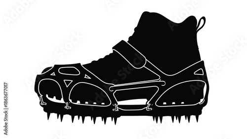 A striking black and white illustration of a high top hiking boot with attached crampons for icy terrain