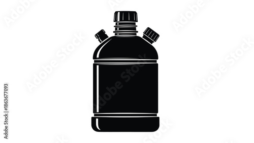 A simple black and white illustration of a plastic bottle with a unique cap design isolated on white
