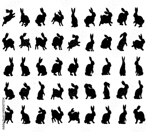 A collection of silhouettes depicting rabbits in various playful and dynamic poses filling the frame