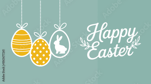 A festive Happy Easter greeting featuring a bunny silhouette and two yellow patterned hanging eggs